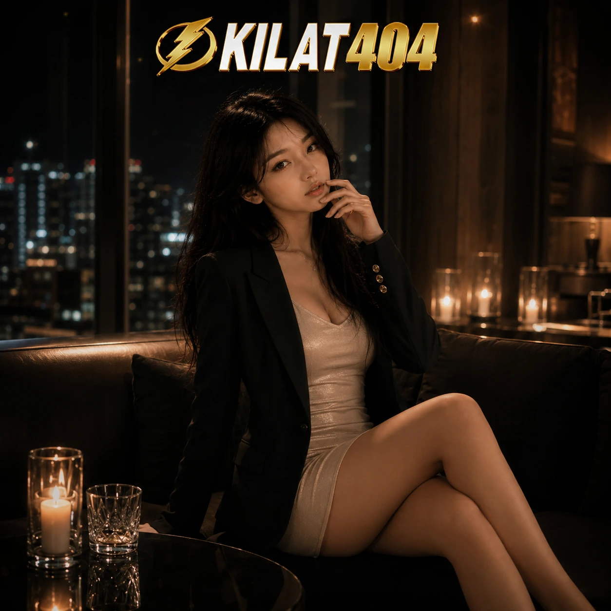 Lounge dengan city light pada malam hari