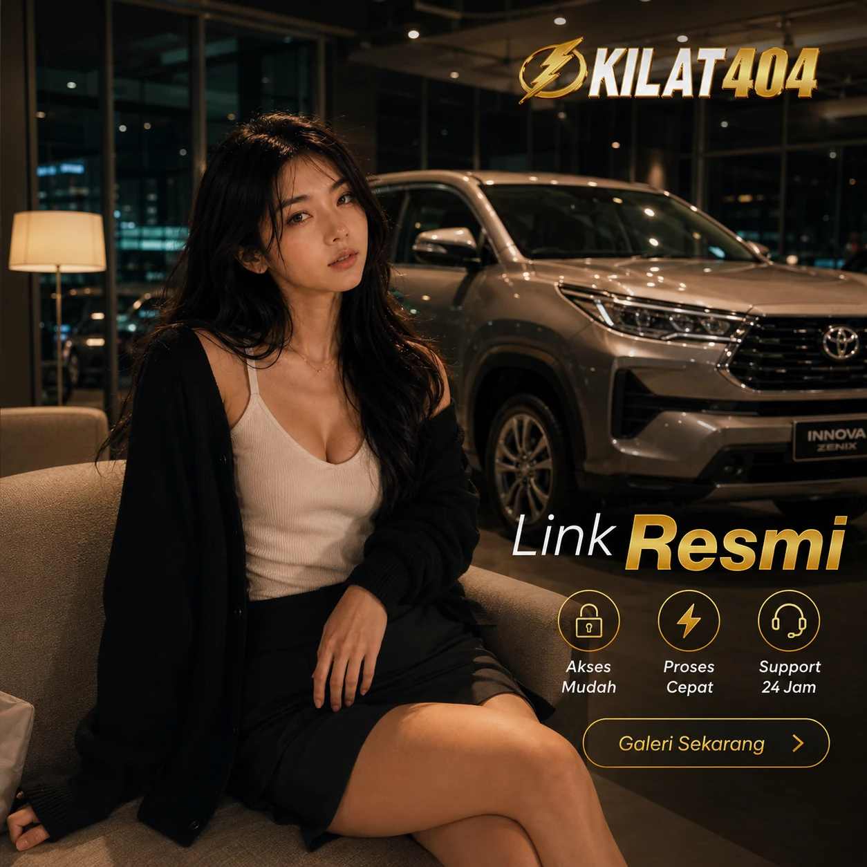 Lounge showroom dengan mobil Toyota di belakang